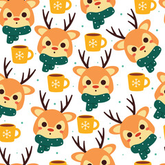 seamless pattern cartoon deer with hot chocolate. Cute Christmas wallpaper for card, gift wrap paper