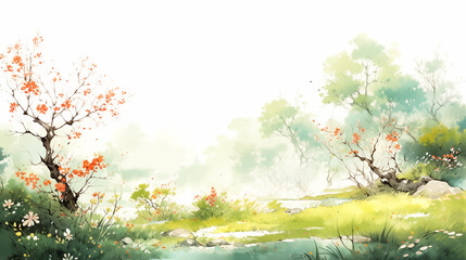Obraz na płótnie Canvas Hand drawn beautiful ink spring landscape illustration background material 