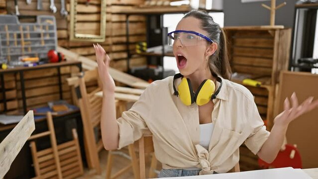 Clueless young hispanic woman at carpentry studio, wearing safety glasses, shrugging arms in confusion, doubtful expression - a visual testament of bewilderment and unaware decision-making!