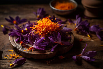 Obraz na płótnie Canvas saffron spice, saffron leaves and flowers on a wooden surface. Generative AI.