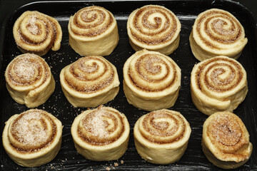Baking Pan Full of Unbaked Cinnamon Roll Dough Ready to be Cooked. Uncooked dough background,...