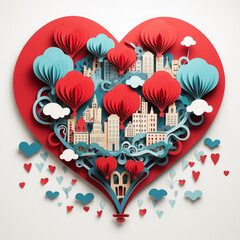 papercut valentines,festival,balloon,heart shape, city, couple, graphic illustration style