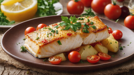 Baked cod with potatoes and cherry tomatoes on wooden table - Powered by Adobe