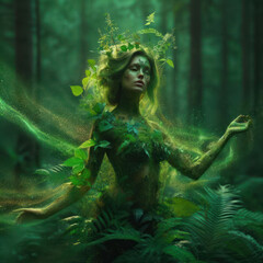 fantasy illustration of beautiful nature goddess, elemental or pixie in a lush jungle forest