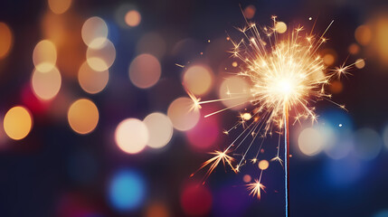 background with sparkler at new year`s eve party with bokeh of glowing colorful lights - obrazy, fototapety, plakaty