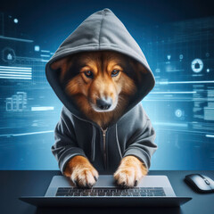 hacker dog in a hoodie will try to break through your computers cybersecurity - 686445887