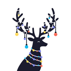 Renifer z sznurem kolorowych światełek. Minimalistyczne tło. Świąteczna ilustracja wektorowa do wykorzystania jako kartka na Boże narodzenie. © Monika