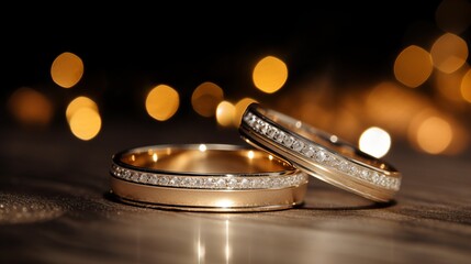 Elegant gold and diamond wedding rings, a close-up symbolizing marital union and timeless love - obrazy, fototapety, plakaty