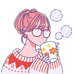 ホットドリンクの湯気で眼鏡が曇る女の子