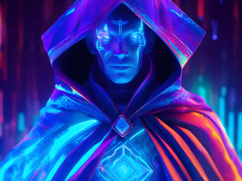 A glitchy holographic mage, blending neon hues in a minimalist composition. Every pixel pulsates with magical intensity. 🌌🧙&zwj;♂️