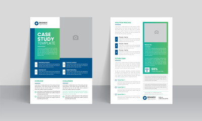 Case study template. Business case study booklet with creative layout. Double-side flyer design