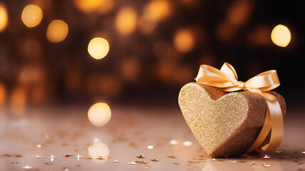 Closeup luxury golden heart giftbox on velvet fabric, paper card closed, copyspace bokeh star glitter background