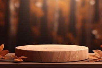 Wooden product display podium with blurred nature leaves on brown background. 3D rendering