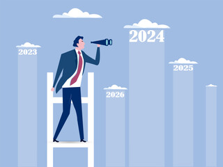 businessman climbing stairs to look through telescope opportunities and targets Visionary sees the future.Year 2024 outlook economic forecast or future vision.