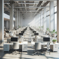 Bright and Clean Industrial Style Office Interior Open Space with Lots of White Table Desks and Gray Chairs, Large Windows, High Empty Ceilings, & a Concrete Floor.. No People Working Business Concept