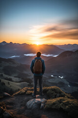Fototapeta premium a person observing at a sunset in the mountains Generative ai