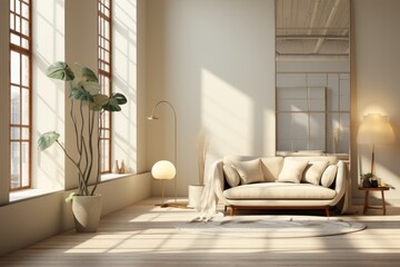 beautiful home interior minimal design bright clean clear beige color scheme living room sofa and...