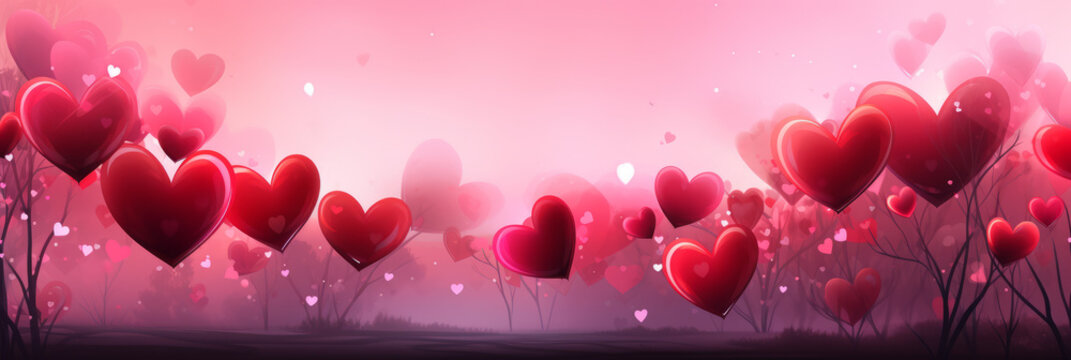 Fantasy Landscape with Floating Hearts for Valentine's Day Background