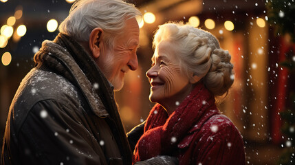 Obraz premium Senior couple in love at Christmas outside on snowy day. Concept of Elderly Love and Holiday Romance, Affectionate Bond Amidst Festive Season.