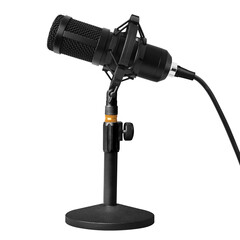 professional podcast microphone on a desktop stand on transparent background PNG
