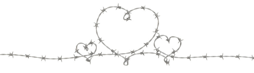 Witness the fusion of strength and delicacy in this 3D illustration, as barbed wire forms a heart shape, provided in PNG with a transparent background.