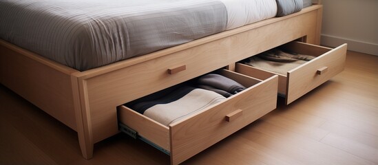 Bedroom with storage drawer and hidden bedding beneath cozy bed