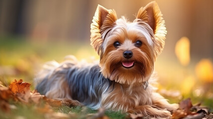 Yorkshire terrier playing in the park