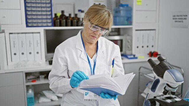 Beautiful, mature, blonde scientist engrossed in reading a groundbreaking research book at her laboratory workspace, surrounded by medical technology and analysis tools