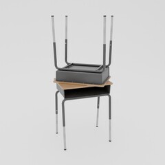 3d rendering school table isolated on white background in darkroom.