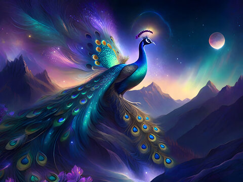 Witness a surreal spectacle as a celestial peacock emerges from cosmic mountains. 🌌🦚