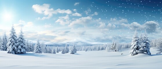 Winter landscape with snow-covered trees and mountains. Tranquil nature scenery.