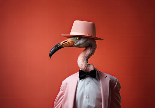 Flamingos in a pink hat and a pink tailcoat on a red background.