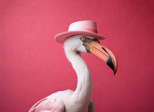 Flamingo with a big beak in a pink hat on a red background.