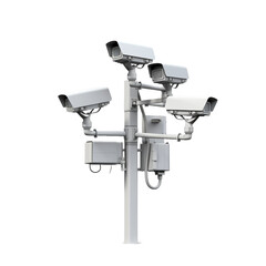 Cctv cameras on isolated poles in a tech setting isolated on transparent background