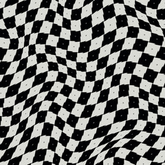 Black and white warped pixelated checkerboard pattern. Seamless vector - 686450432