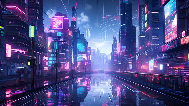 A futuristic cityscape with heavy rain