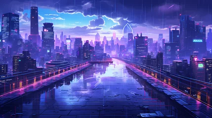 Photo sur Plexiglas Bleu foncé A futuristic cityscape with heavy rain
