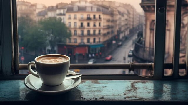 Cup of coffee by the window with cozy winter vibes. Seamless Looping Time-Lapse Virtual Video Animation Background. Generated with AI
