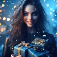 Snowy holiday happy smiling winter Christmas girl portrait with gifts
