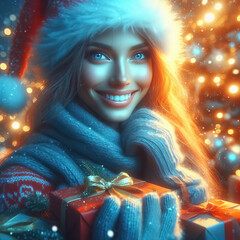 Snowy holiday happy smiling winter Christmas girl portrait with gifts