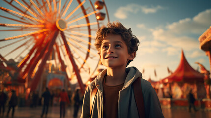 Young boy at the fair with large Ferris wheel. Concept of Joyful Fairground Experience for Children, Exciting Carnival Rides.