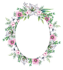 Watercolor wreath with flowers of lilies, gerbera, eucalyptus