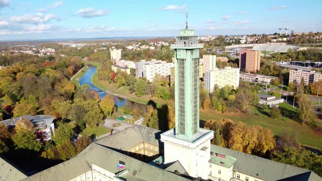 Clock And Observation Tower Of Ostrava New Town Hall With Comenius Gardens And Ostravice River In Czech Republic. - aerial shot