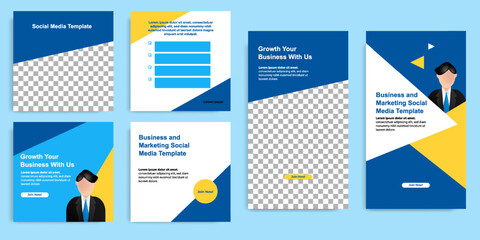 Social media carousel post and stories fat design banner layout in blue, yellow background. For tips podcast, motivation, self-development, microblog, sharing knowledge template