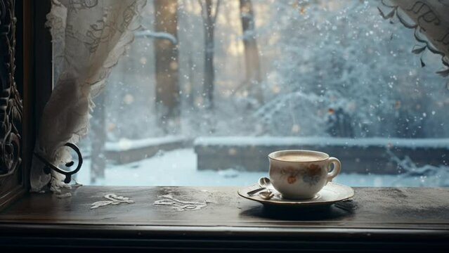 Cup of coffee by the window with cozy winter vibes. Seamless Looping Time-Lapse Virtual Video Animation Background. Generated with AI