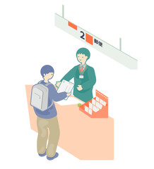 ベクターイラスト：郵便局の窓口での対応_男性客から郵便物を受け取る郵便局員