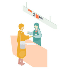 ベクターイラスト：郵便局の窓口での対応_女性客と会話する郵便局員
