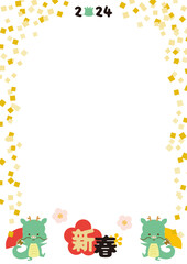 2匹の辰と金色の紙吹雪のフレーム_縦A3