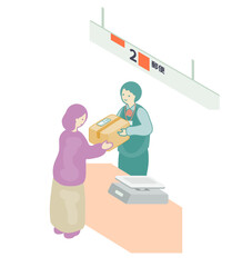 ベクターイラスト：郵便局の窓口での対応_女性客から荷物を受け取る郵便局員