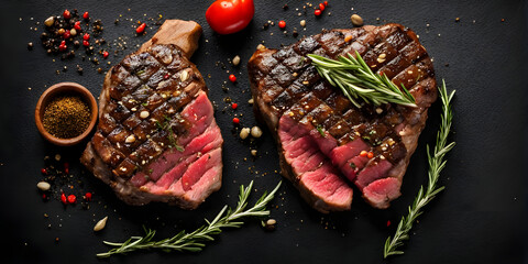 Grilled beef steak with rosemary and pepper on stone plate on black background.